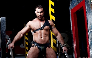 Muscle man shows his hairy body and hard cock