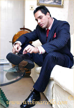 Horny Marcello wearing a pin stripe suit with bare feet and masturbating by With Marcello image 2
