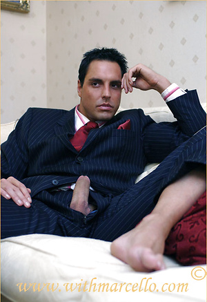 Horny Marcello wearing a pin stripe suit with bare feet and masturbating by With Marcello image 6