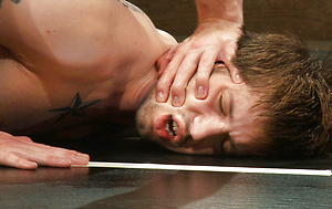Two naked hot studs battle it out in a wild match that ends with a hard fuck and leaves everyone satiated and covered with cum.