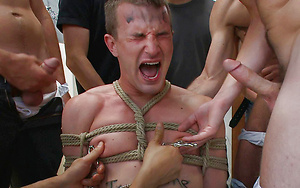 Cameron Adams is bound, beaten, humiliated and fucked in a public restroom.