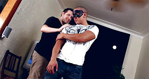 Risky business. Muscled man in mask gets a blowjob.