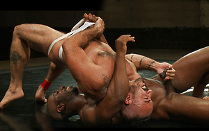 Best friends, furry Latin hunk Alessio Romero and ebony muscle-god Race Cooper, wrestle each other and winner fucks loser with a brutal vengeance. by Naked Kombat image 4