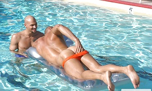 Hot muscle studs Alex Fuerte, Fredrick Ford and Ricky Martinez have fun in a pool by Hot House Backroom image 4
