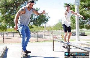 Slutty twink goes to park to pick up on muscle skater dude. by Man Royale image 2